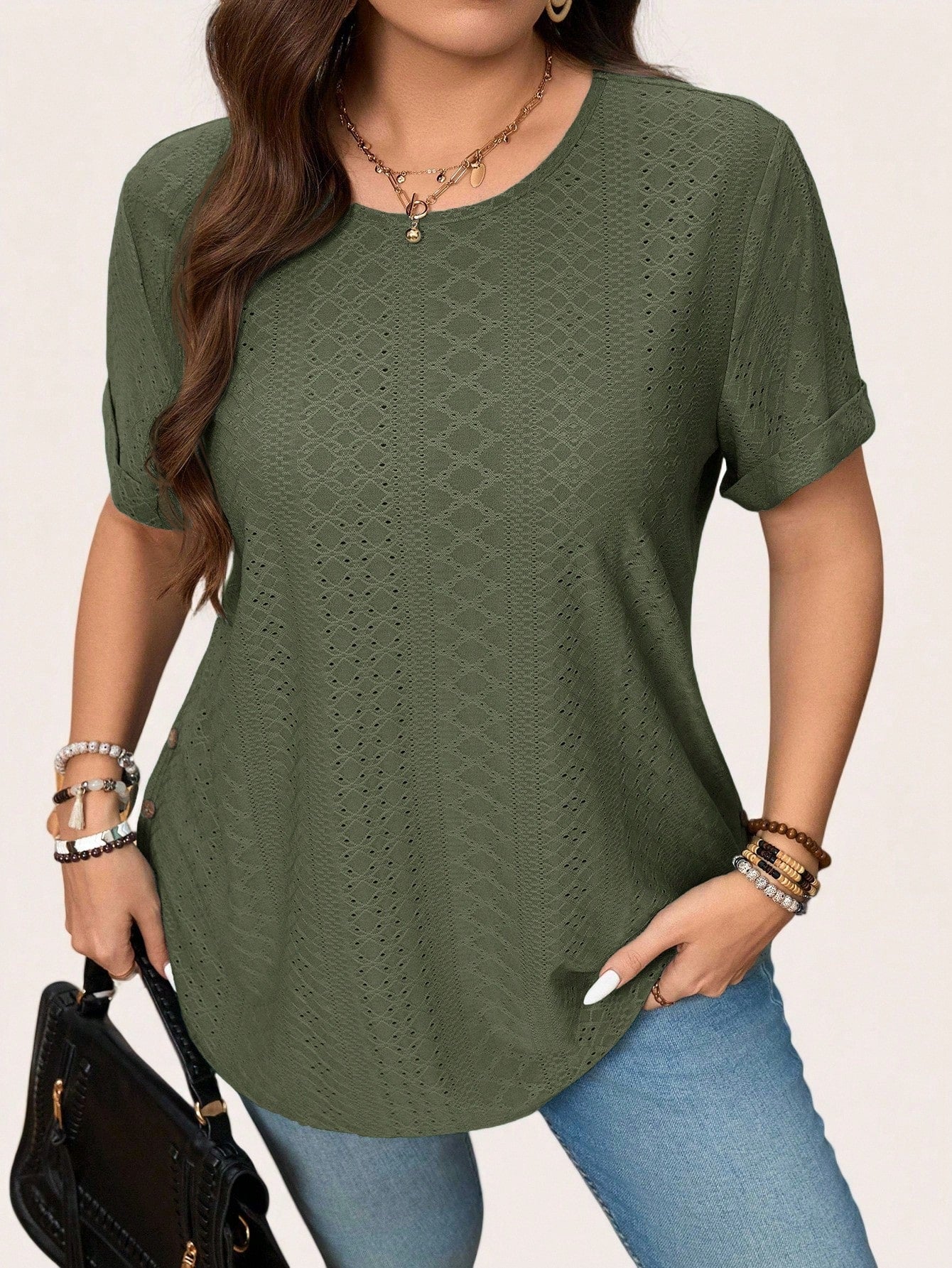 LUNE Plus Size Solid Color Round Neck Short Sleeve Casual T-Shirt