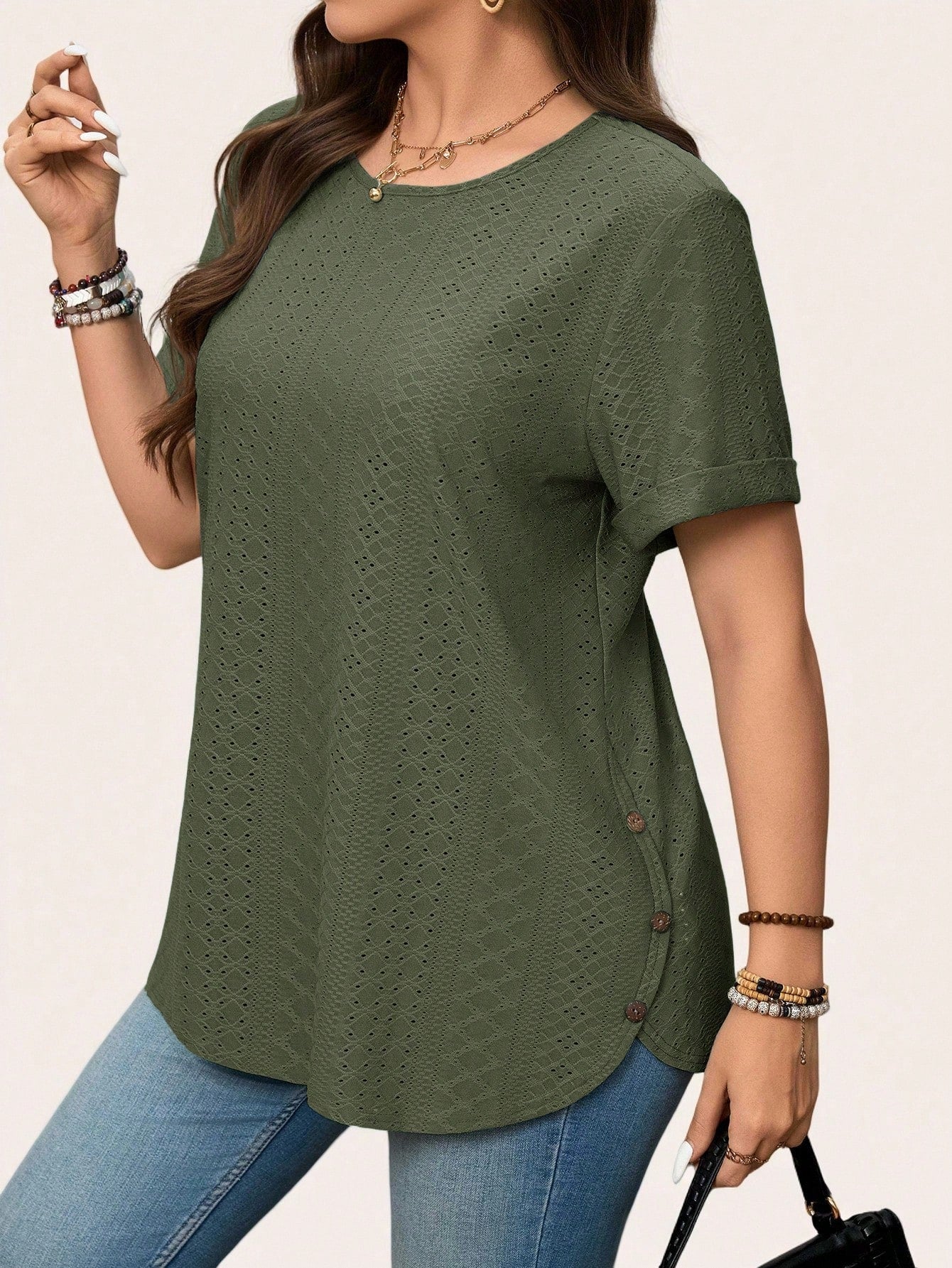 LUNE Plus Size Solid Color Round Neck Short Sleeve Casual T-Shirt