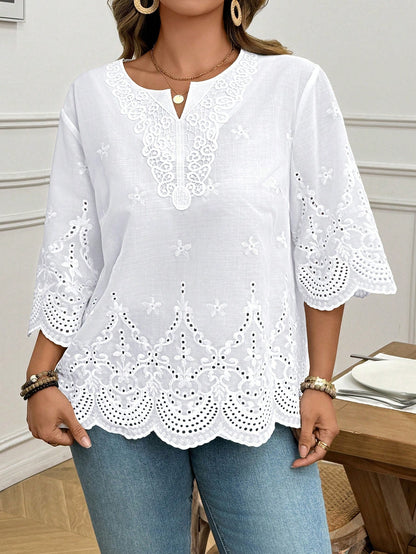 LUNE Plus Size Vacation Casual Solid Color Hollow Embroidered Blouse Summer For Vacation Wedding Season Summer Top Summer New Design Beach For Woman Fall