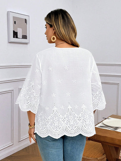 LUNE Plus Size Vacation Casual Solid Color Hollow Embroidered Blouse Summer For Vacation Wedding Season Summer Top Summer New Design Beach For Woman Fall