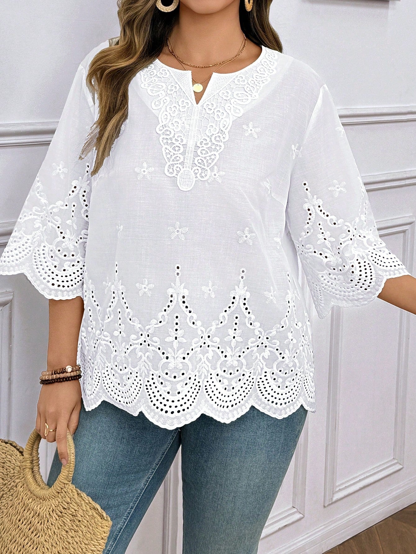LUNE Plus Size Vacation Casual Solid Color Hollow Embroidered Blouse Summer For Vacation Wedding Season Summer Top Summer New Design Beach For Woman Fall