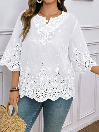 LUNE Plus Size Vacation Casual Solid Color Hollow Embroidered Blouse Summer For Vacation Wedding Season Summer Top Summer New Design Beach For Woman Fall