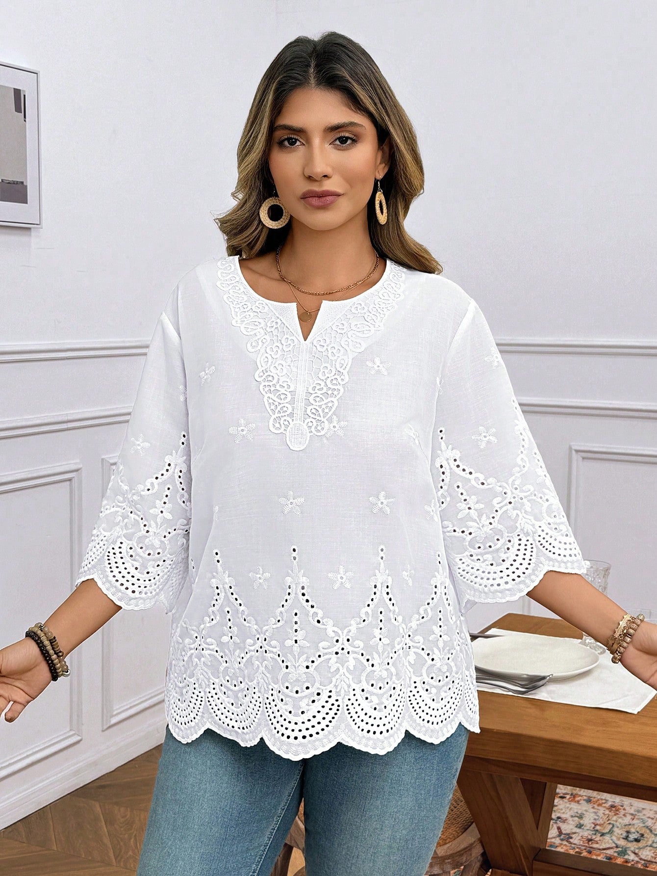 LUNE Plus Size Vacation Casual Solid Color Hollow Embroidered Blouse Summer For Vacation Wedding Season Summer Top Summer New Design Beach For Woman Fall