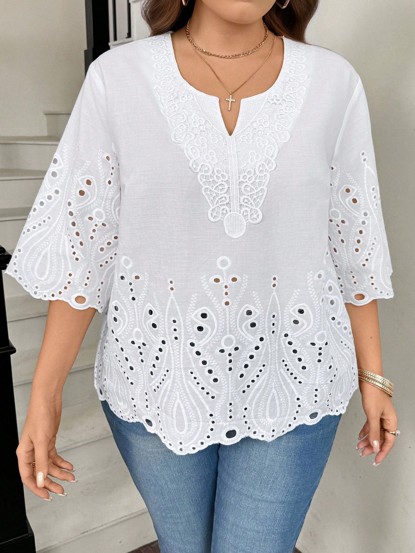 LUNE Plus Size Vacation Casual Solid Color Hollow Embroidered Blouse Summer For Vacation Wedding Season Summer Top Summer New Design Beach For Woman Fall