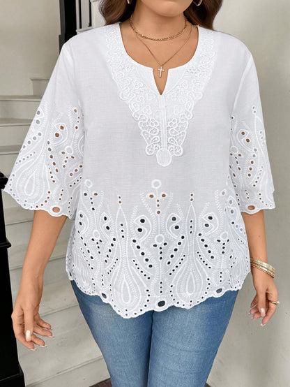 LUNE Plus Size Vacation Casual Solid Color Hollow Embroidered Blouse Summer For Vacation Wedding Season Summer Top Summer New Design Beach For Woman Fall