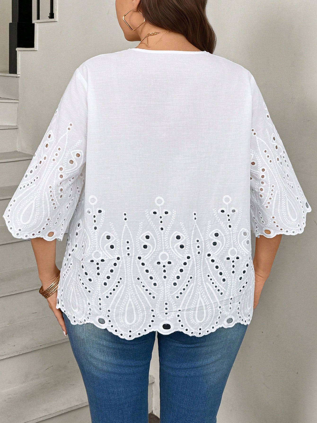 LUNE Plus Size Vacation Casual Solid Color Hollow Embroidered Blouse Summer For Vacation Wedding Season Summer Top Summer New Design Beach For Woman Fall
