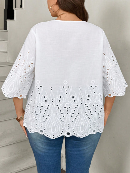 LUNE Plus Size Vacation Casual Solid Color Hollow Embroidered Blouse Summer For Vacation Wedding Season Summer Top Summer New Design Beach For Woman Fall