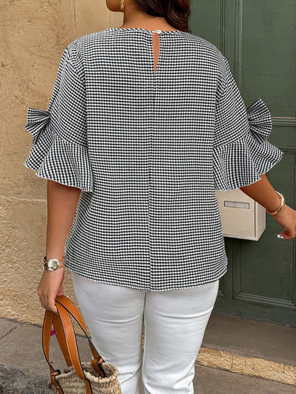 LUNE Plus Size Women's Plaid Round Neck Bow Decor Bell Sleeve Shirt Vacation Black And Gold Summer Casual Cute Chic