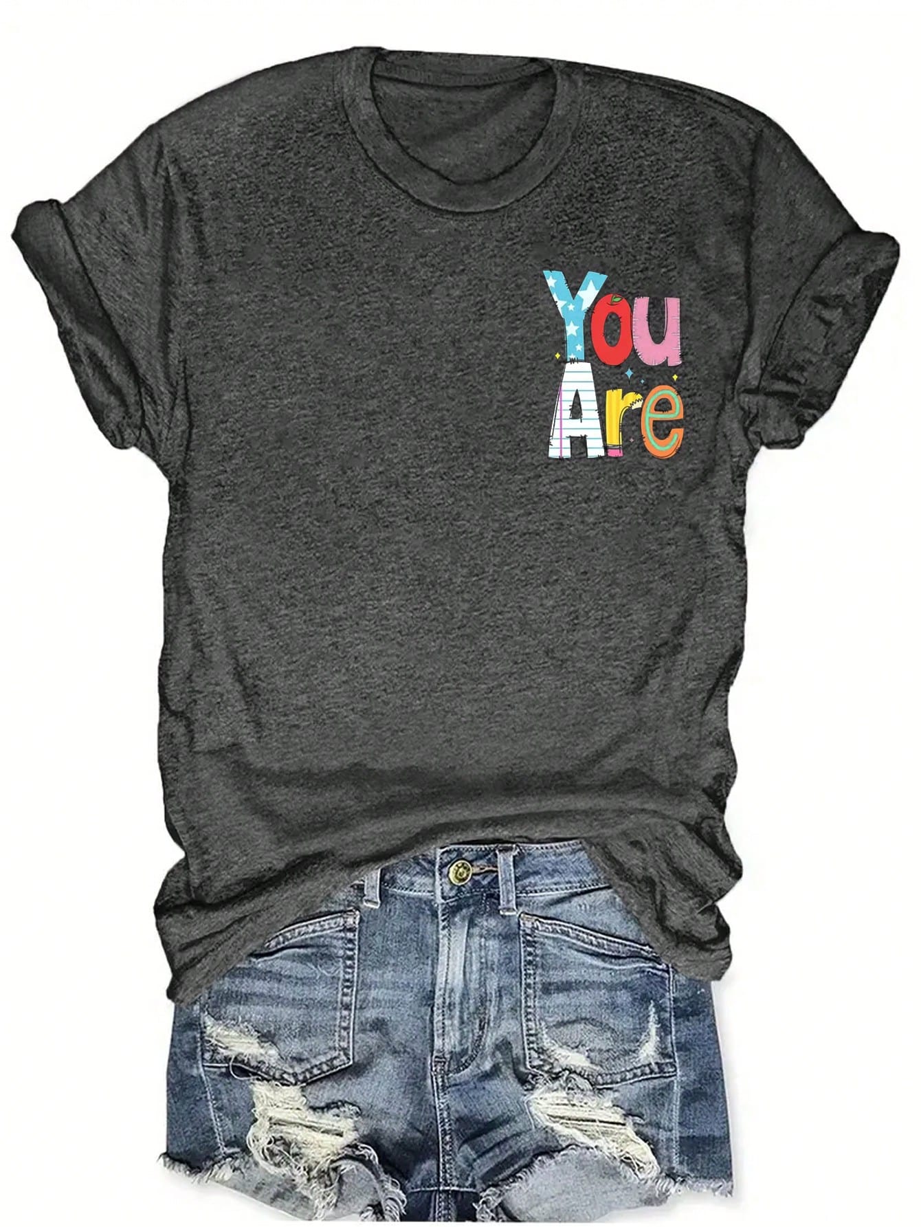 LUNE Plus Size Women's Slogan Print Crew Neck Short Sleeve Casual T-Shirt Graphic Tees Women Tops