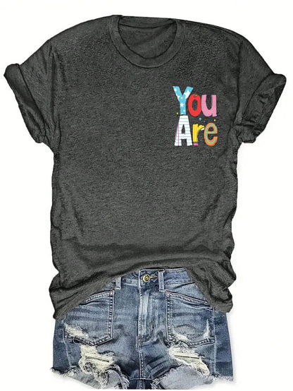 LUNE Plus Size Women's Slogan Print Crew Neck Short Sleeve Casual T-Shirt Graphic Tees Women Tops