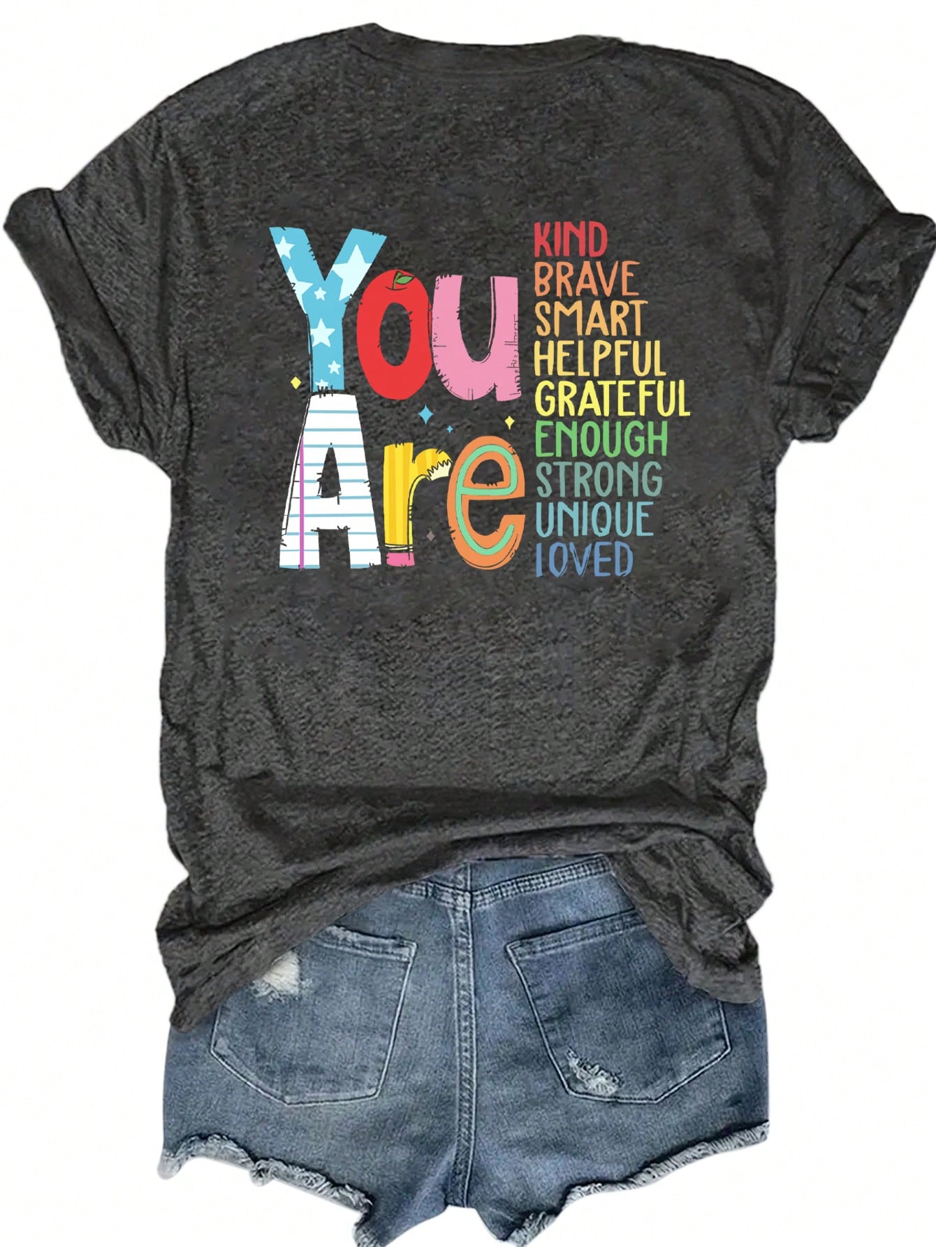 LUNE Plus Size Women's Slogan Print Crew Neck Short Sleeve Casual T-Shirt Graphic Tees Women Tops