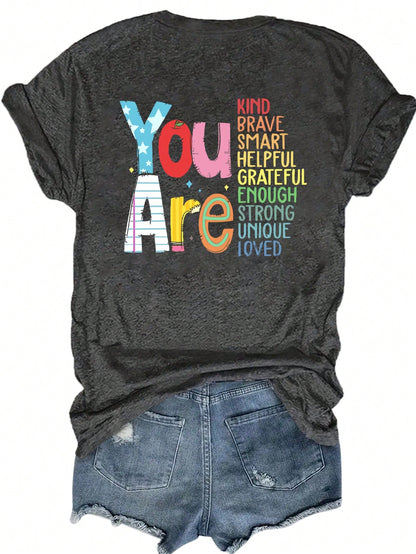 LUNE Plus Size Women's Slogan Print Crew Neck Short Sleeve Casual T-Shirt Graphic Tees Women Tops