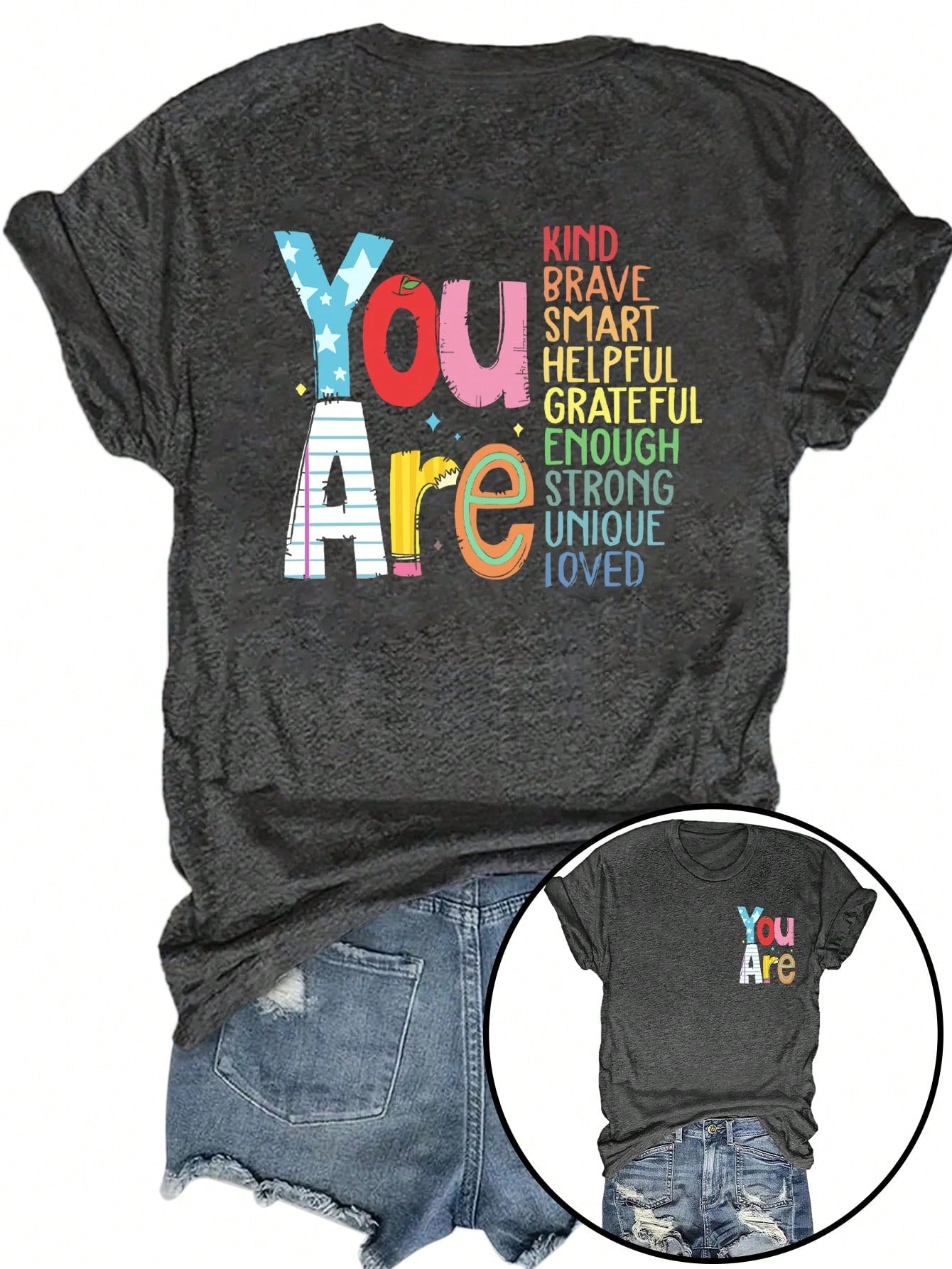 LUNE Plus Size Women's Slogan Print Crew Neck Short Sleeve Casual T-Shirt Graphic Tees Women Tops