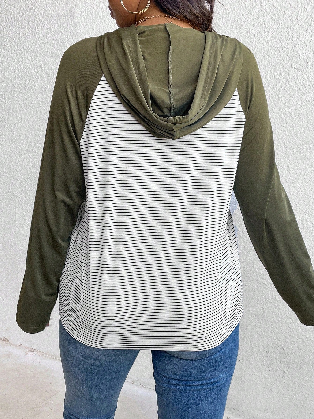 LUNE Plus Size Women's Spring & Fall Striped Contrast Color Drawstring Hooded Casual T-Shirt Green Long Sleeves Woman/Fall/Women Tops Airport Women Travel