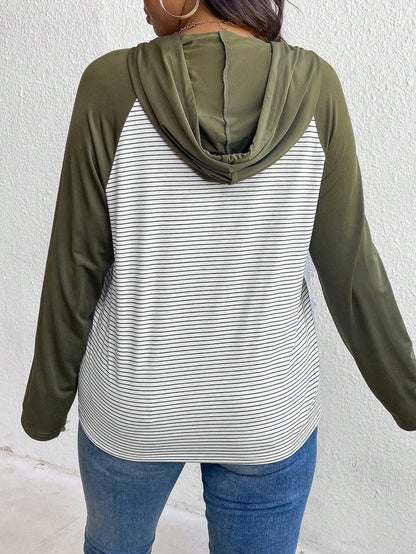 LUNE Plus Size Women's Spring & Fall Striped Contrast Color Drawstring Hooded Casual T-Shirt Green Long Sleeves Woman/Fall/Women Tops Airport Women Travel