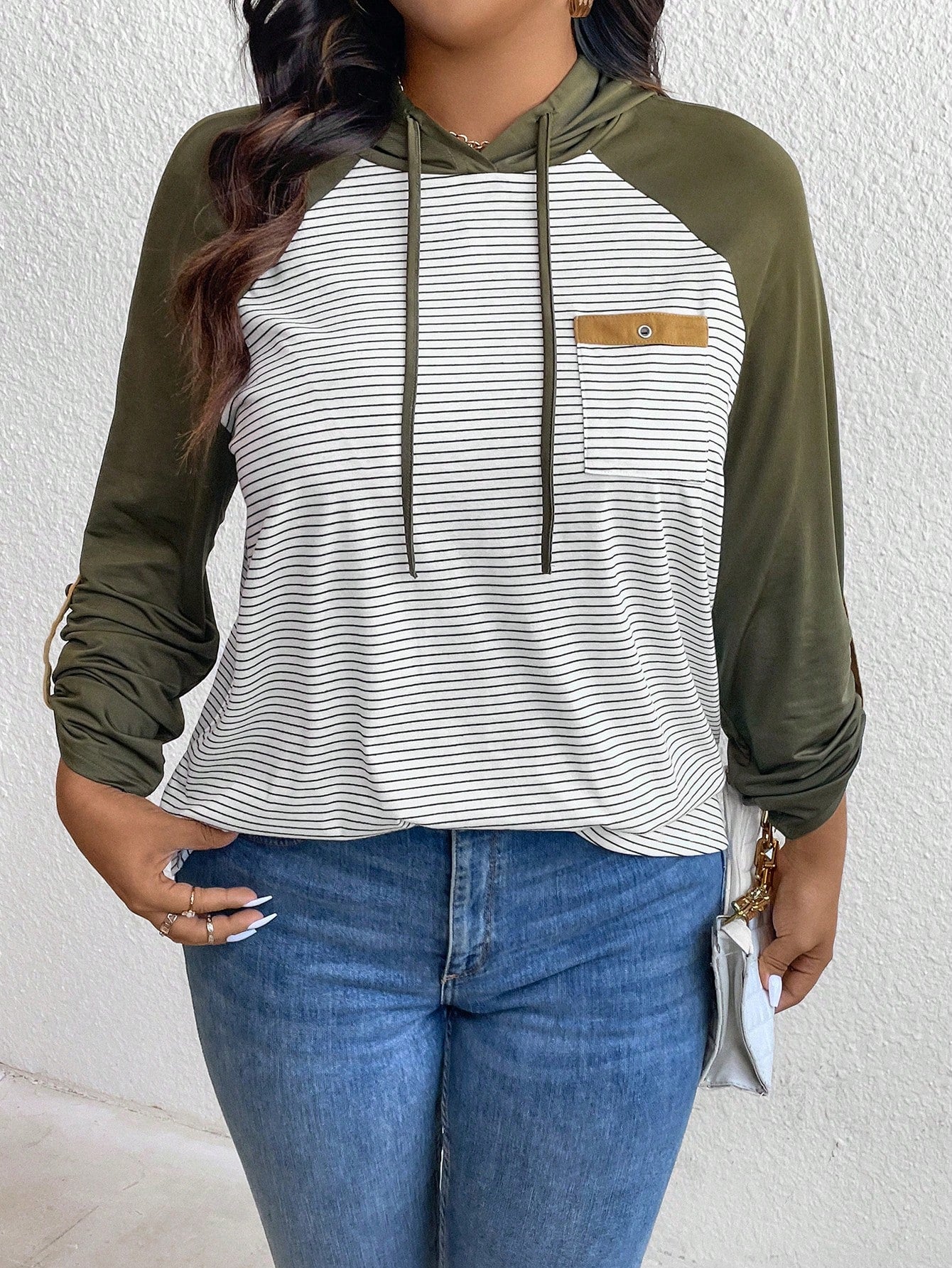 LUNE Plus Size Women's Spring & Fall Striped Contrast Color Drawstring Hooded Casual T-Shirt Green Long Sleeves Woman/Fall/Women Tops Airport Women Travel