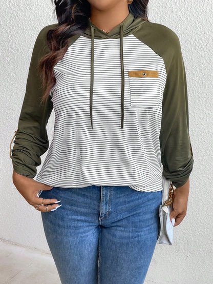 LUNE Plus Size Women's Spring & Fall Striped Contrast Color Drawstring Hooded Casual T-Shirt Green Long Sleeves Woman/Fall/Women Tops Airport Women Travel