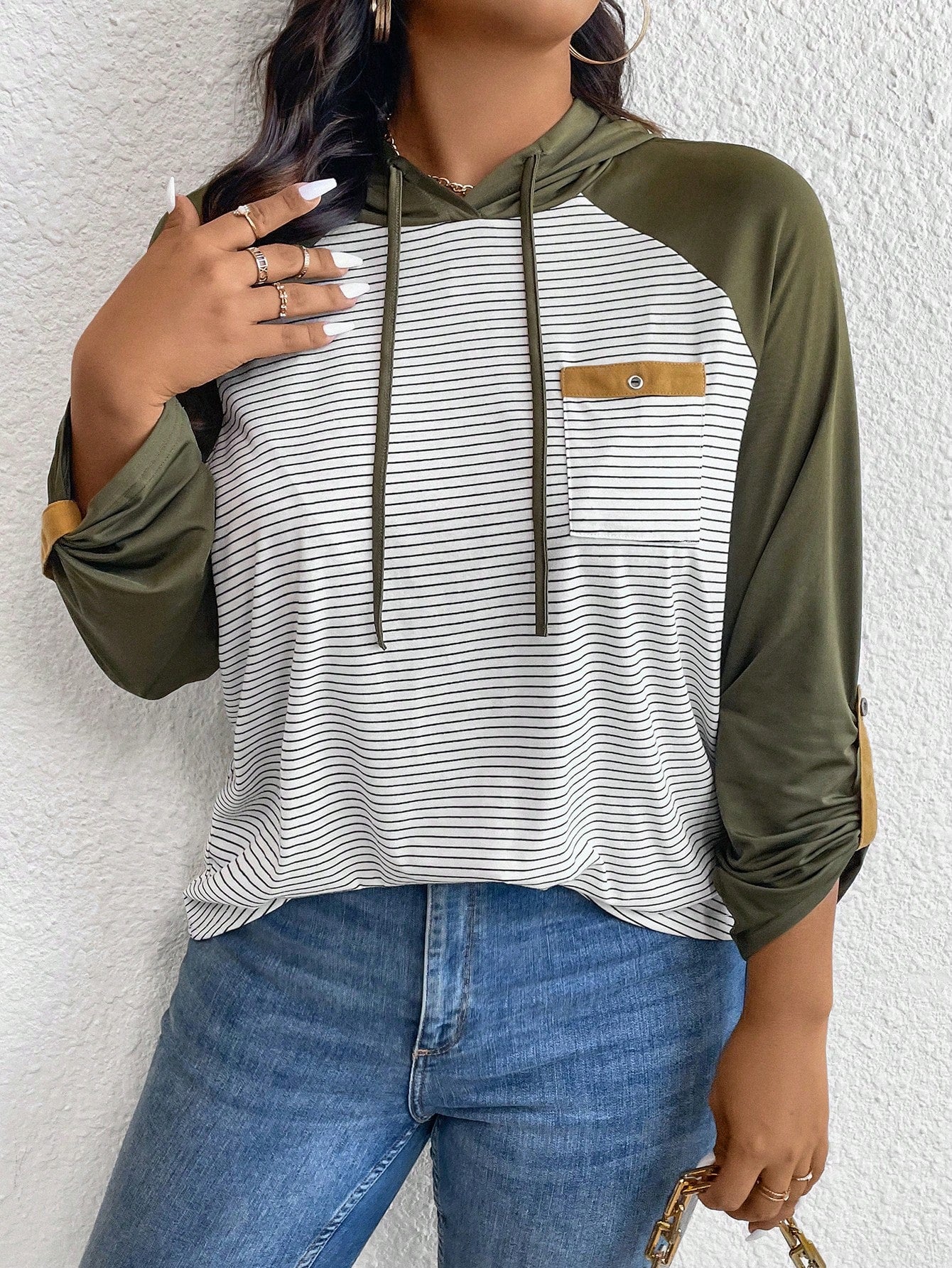 LUNE Plus Size Women's Spring & Fall Striped Contrast Color Drawstring Hooded Casual T-Shirt Green Long Sleeves Woman/Fall/Women Tops Airport Women Travel