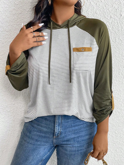 LUNE Plus Size Women's Spring & Fall Striped Contrast Color Drawstring Hooded Casual T-Shirt Green Long Sleeves Woman/Fall/Women Tops Airport Women Travel