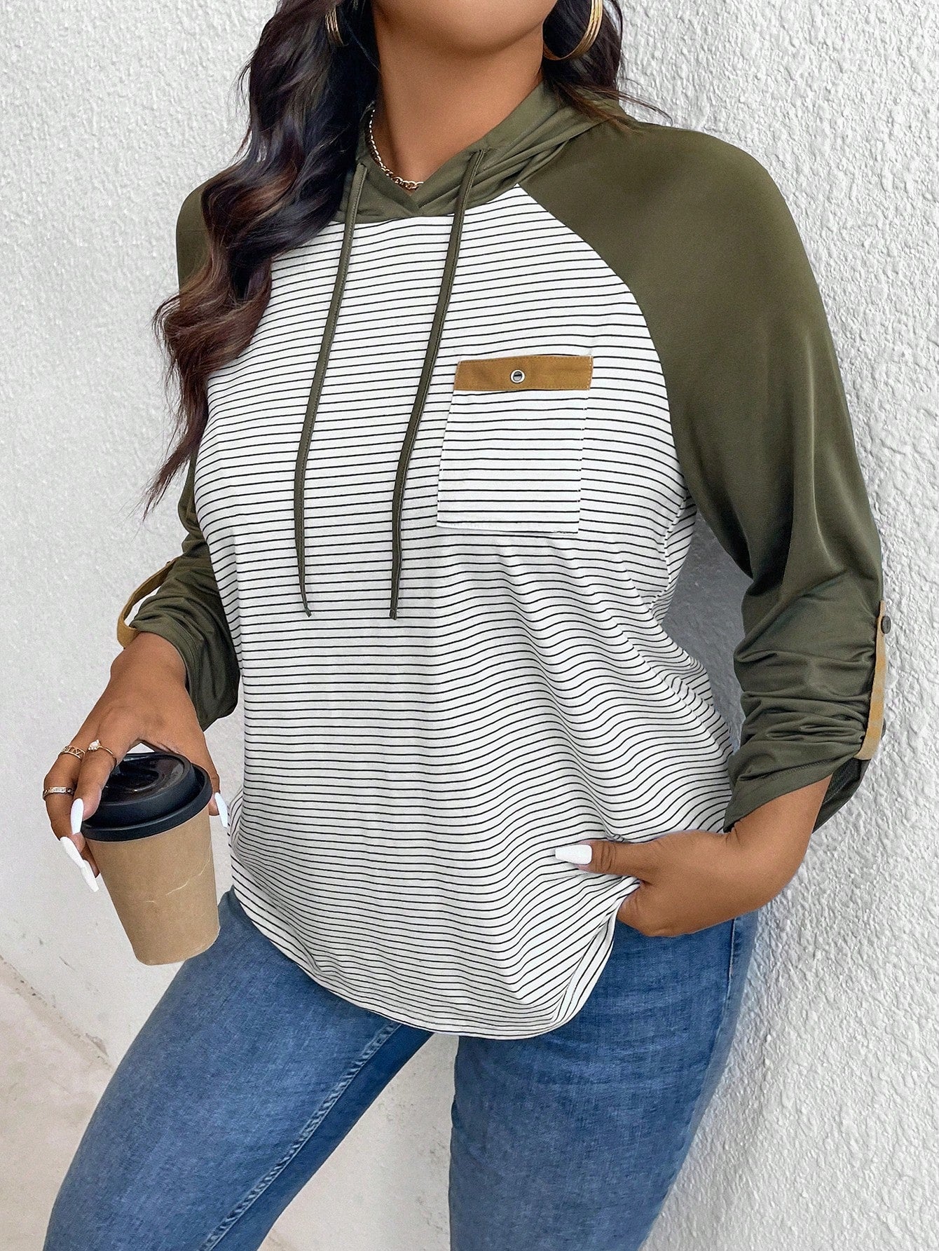 LUNE Plus Size Women's Spring & Fall Striped Contrast Color Drawstring Hooded Casual T-Shirt Green Long Sleeves Woman/Fall/Women Tops Airport Women Travel