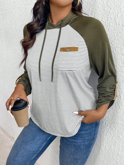 LUNE Plus Size Women's Spring & Fall Striped Contrast Color Drawstring Hooded Casual T-Shirt Green Long Sleeves Woman/Fall/Women Tops Airport Women Travel