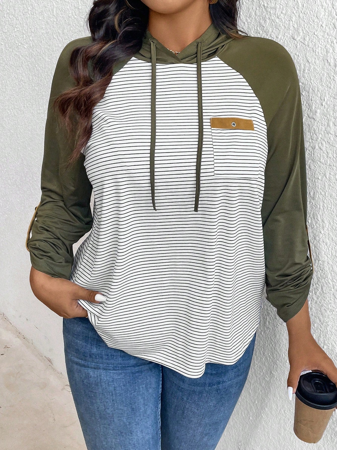 LUNE Plus Size Women's Spring & Fall Striped Contrast Color Drawstring Hooded Casual T-Shirt Green Long Sleeves Woman/Fall/Women Tops Airport Women Travel
