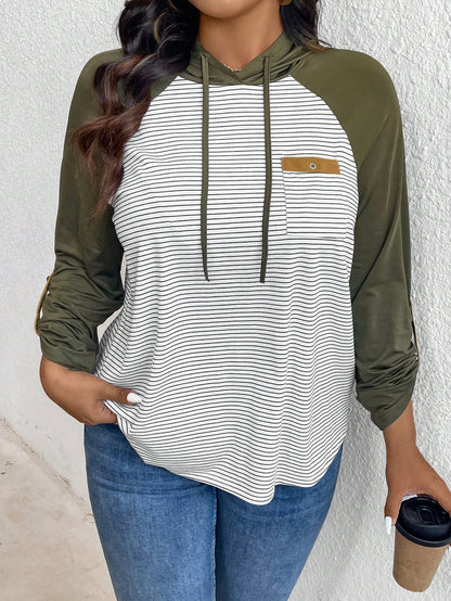 LUNE Plus Size Women's Spring & Fall Striped Contrast Color Drawstring Hooded Casual T-Shirt Green Long Sleeves Woman/Fall/Women Tops Airport Women Travel