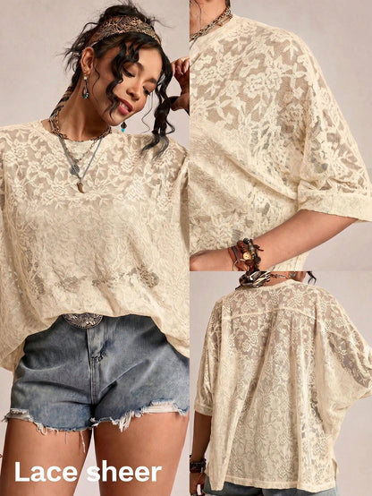 LUNE Plus Size Women Sheer Lace Batwing Sleeve T-Shirt, Versatile Fall