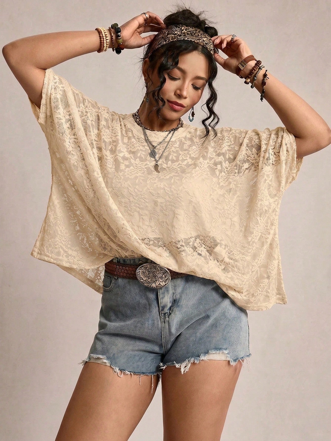 LUNE Plus Size Women Sheer Lace Batwing Sleeve T-Shirt, Versatile Fall