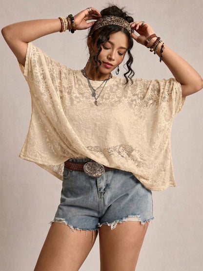 LUNE Plus Size Women Sheer Lace Batwing Sleeve T-Shirt, Versatile Fall