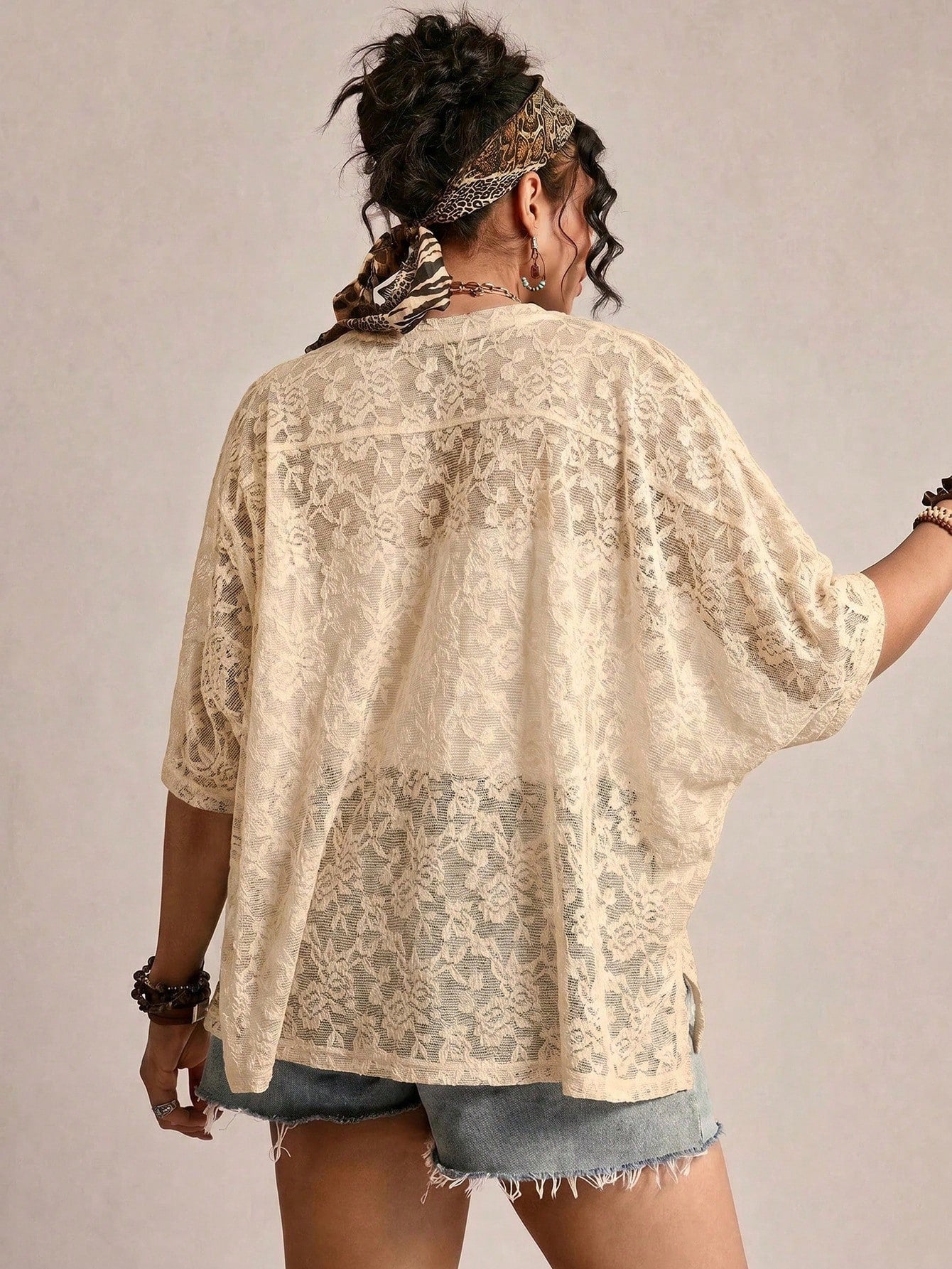 LUNE Plus Size Women Sheer Lace Batwing Sleeve T-Shirt, Versatile Fall