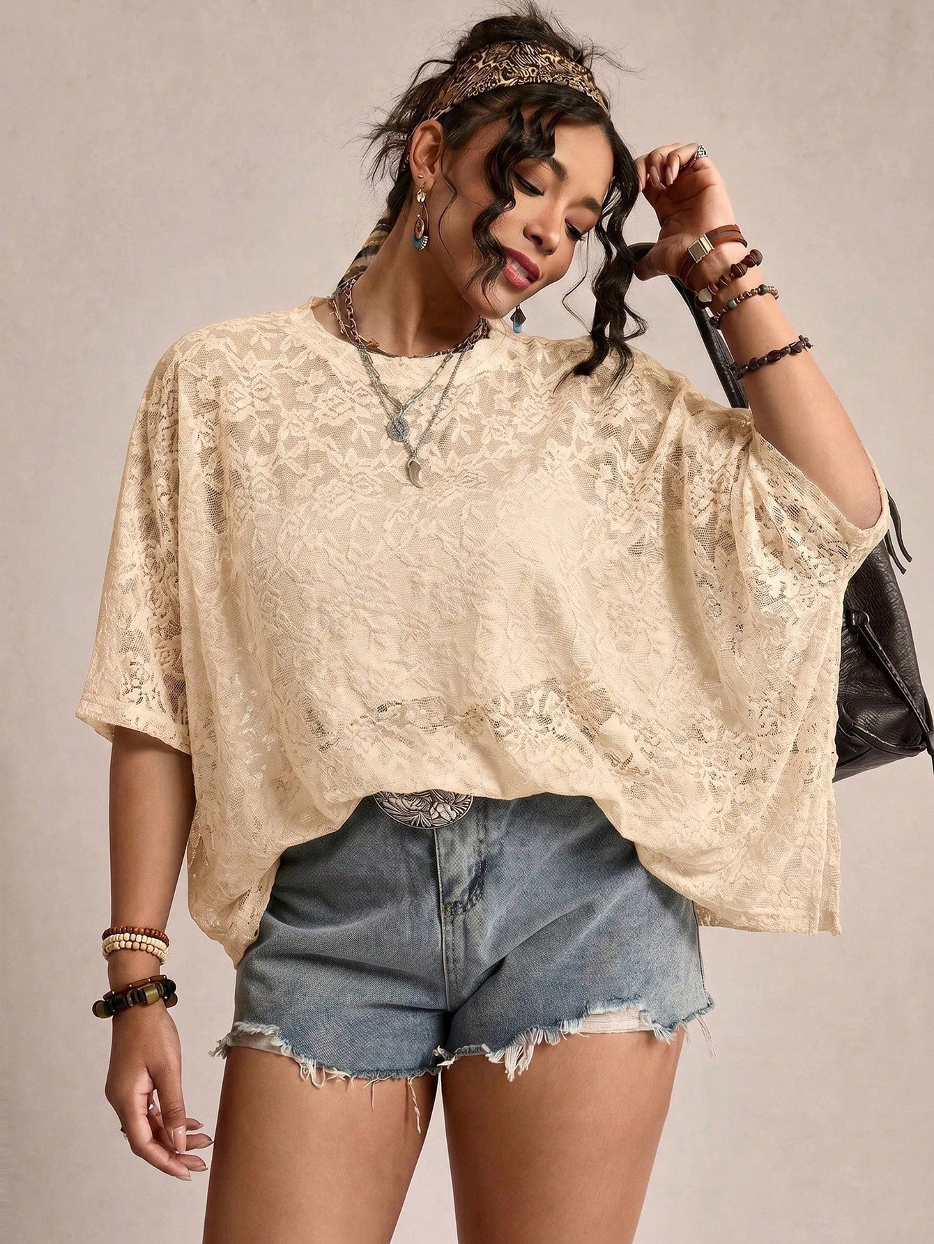 LUNE Plus Size Women Sheer Lace Batwing Sleeve T-Shirt, Versatile Fall