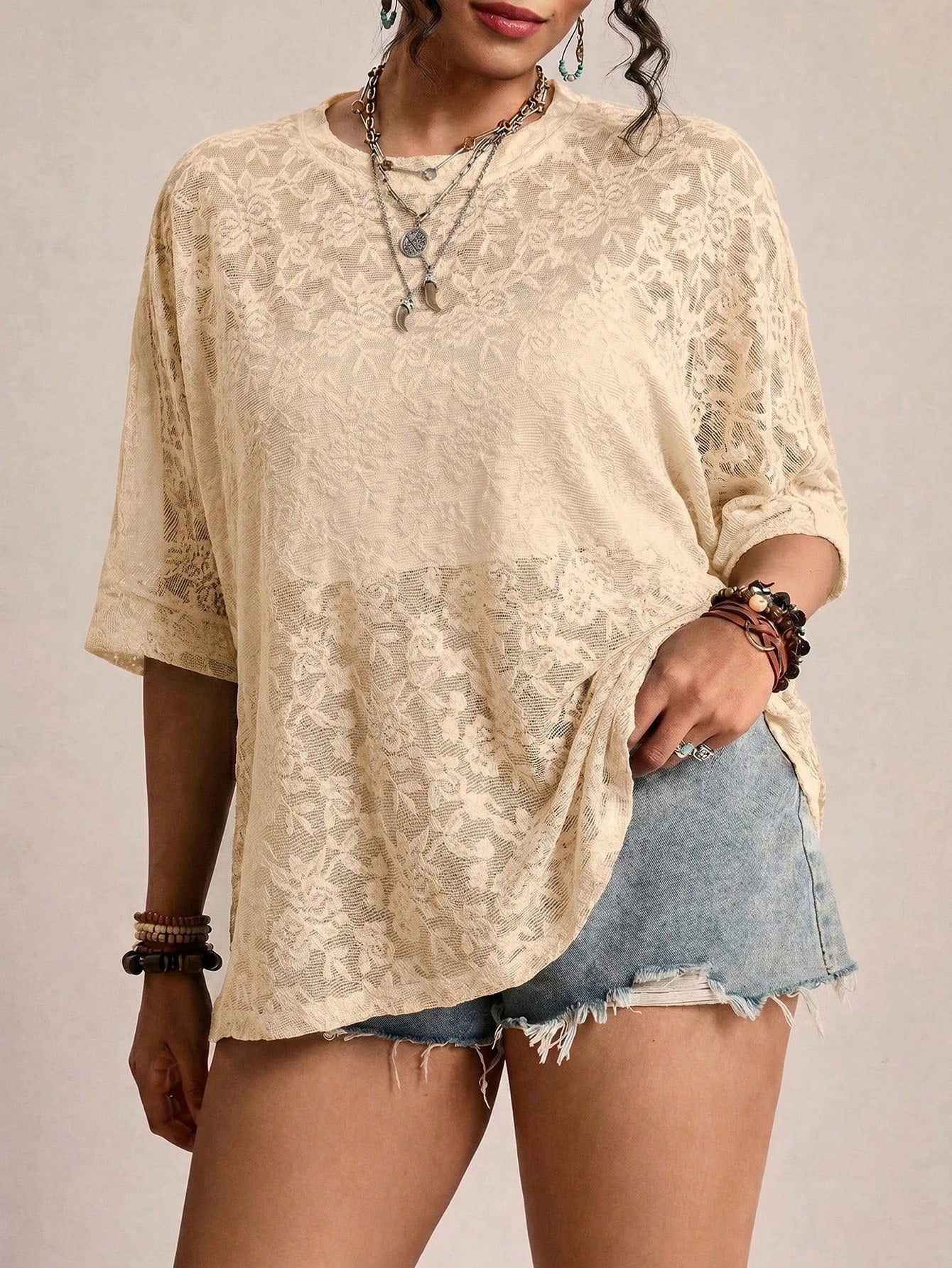 LUNE Plus Size Women Sheer Lace Batwing Sleeve T-Shirt, Versatile Fall