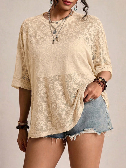 LUNE Plus Size Women Sheer Lace Batwing Sleeve T-Shirt, Versatile Fall