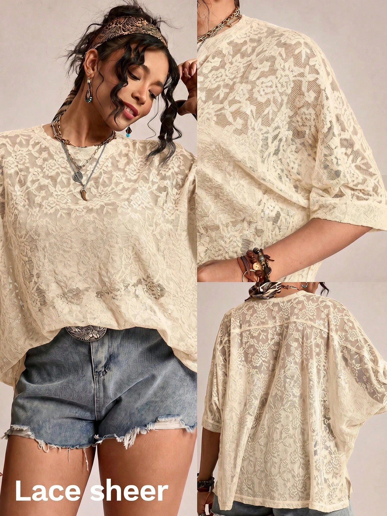 LUNE Plus Size Women Sheer Lace Batwing Sleeve T-Shirt, Versatile Fall