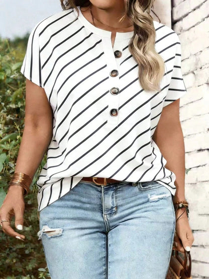 LUNE Plus Size Women Summer Casual Commute Vacation Striped Print Half Button Decor Notched Batwing Short Sleeve Loose T-Shirt