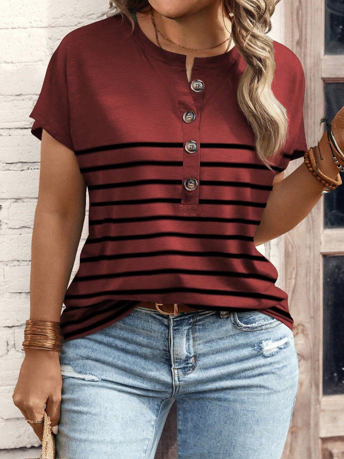 LUNE Plus Size Women Summer Casual Commute Vacation Striped Print Half Button Decor Notched Batwing Short Sleeve Loose T-Shirt