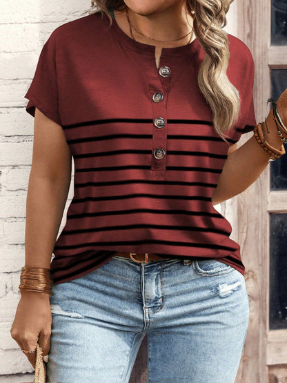LUNE Plus Size Women Summer Casual Commute Vacation Striped Print Half Button Decor Notched Batwing Short Sleeve Loose T-Shirt