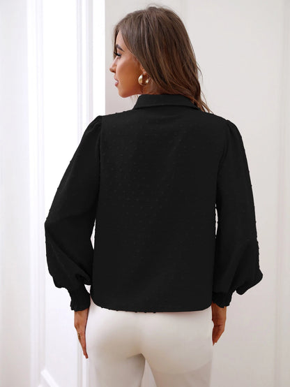 LUNE Swiss Dot Shirred Lantern Sleeve Shirt,Long Sleeve Tops Fall Cloth For Women