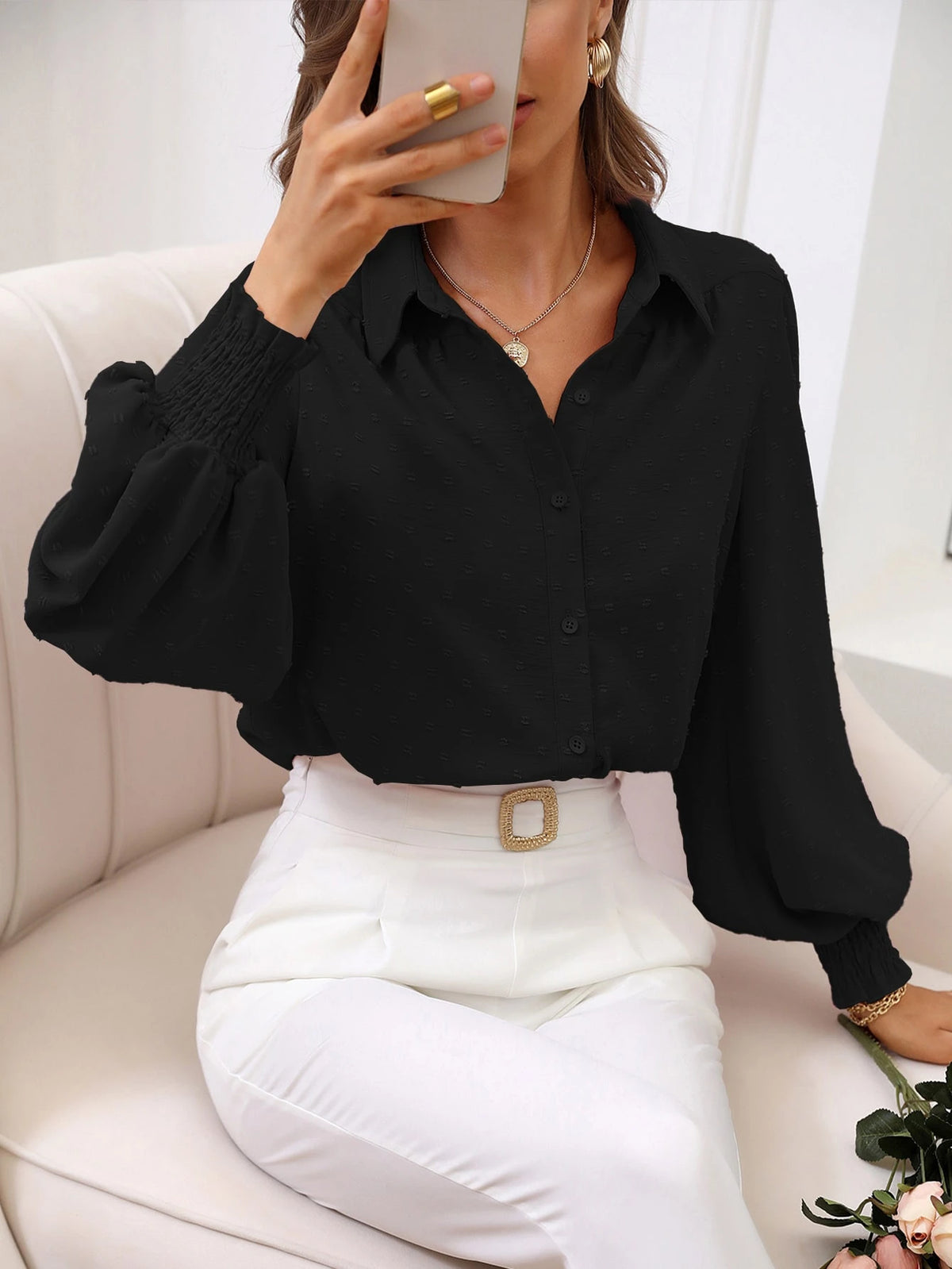 LUNE Swiss Dot Shirred Lantern Sleeve Shirt,Long Sleeve Tops Fall Cloth For Women