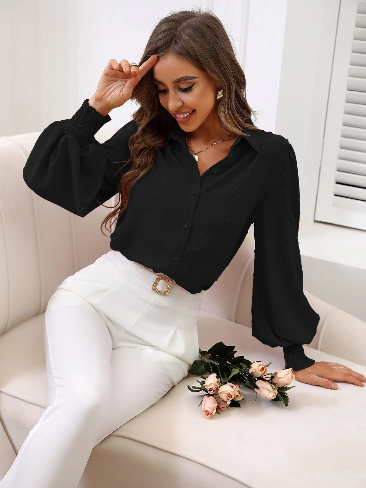 LUNE Swiss Dot Shirred Lantern Sleeve Shirt,Long Sleeve Tops Fall Cloth For Women