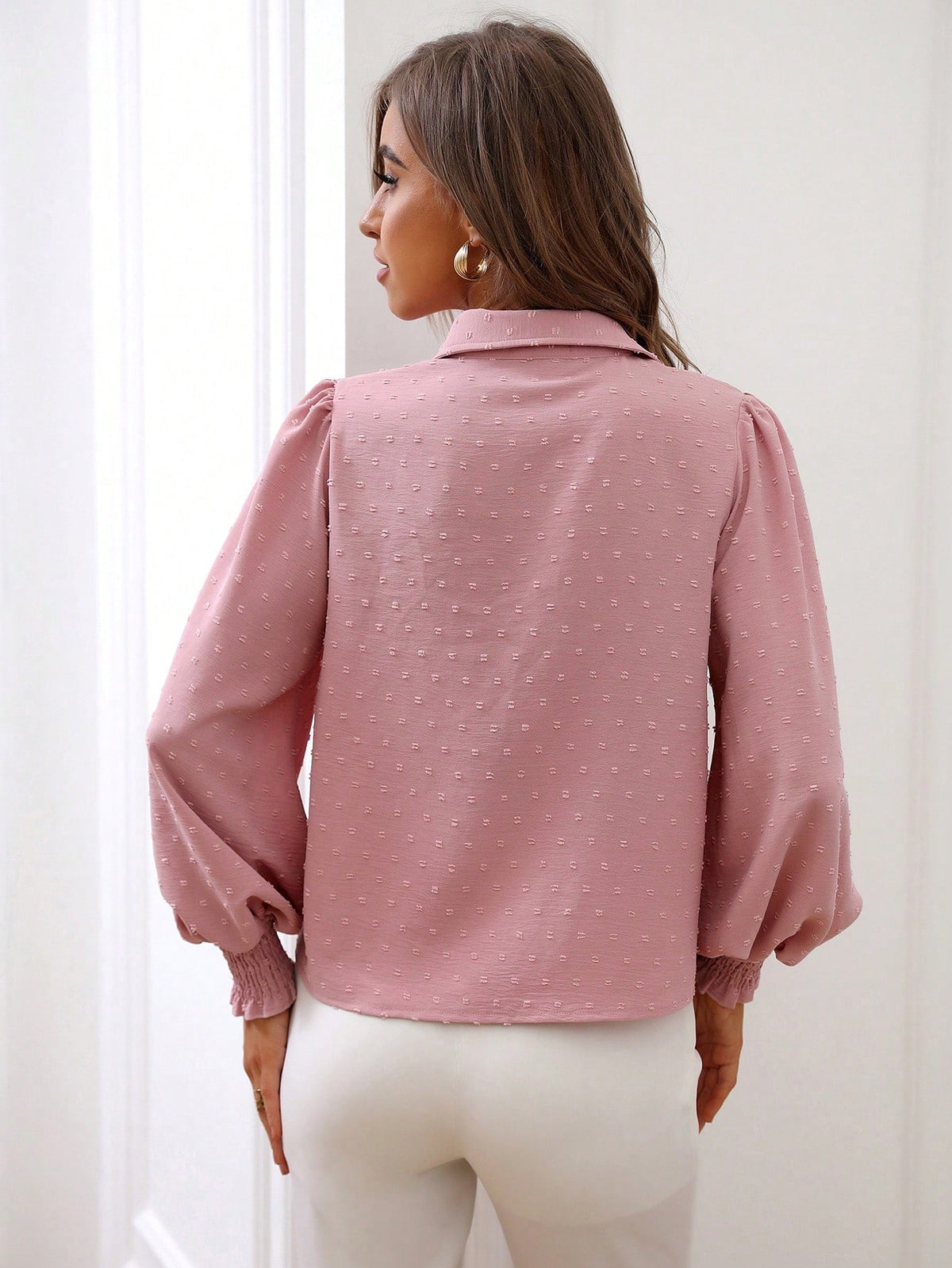 LUNE Swiss Dot Shirred Lantern Sleeve Shirt,Long Sleeve Tops Fall Cloth For Women