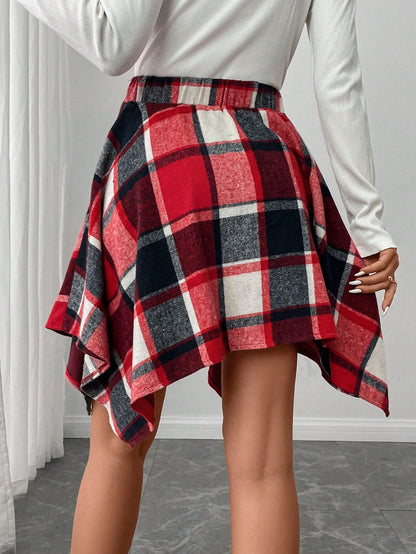 LUNE Women's Asymmetrical Hem Plaid Skirt