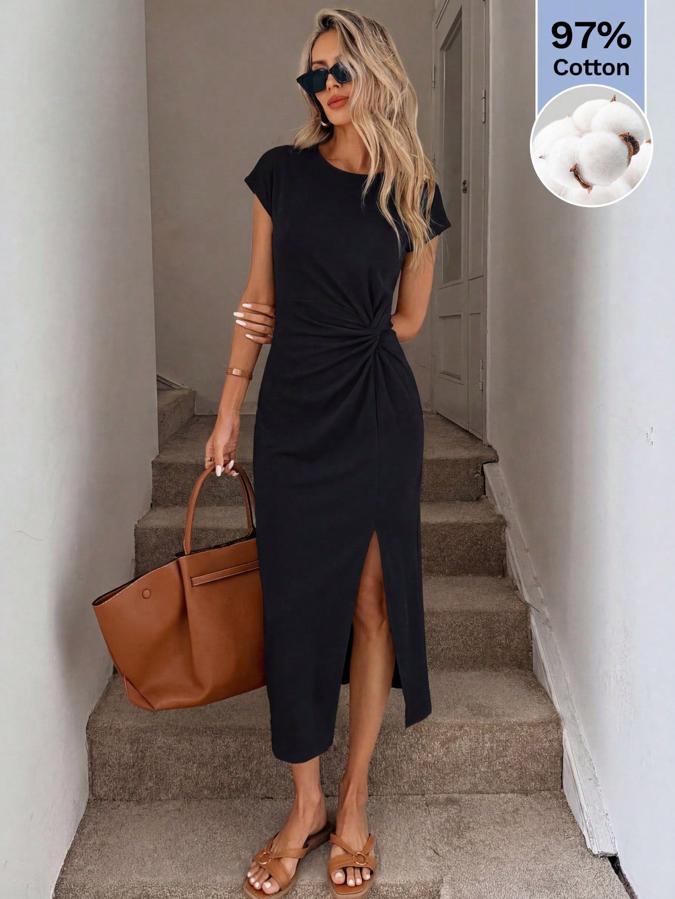 LUNE Women's Black Summer Casual Minimalist Elegant Brunch Day Time Office Midi Dress,97 Cotton Crew Neck Short Sleeve Twist Knot Side Slit Solid Color