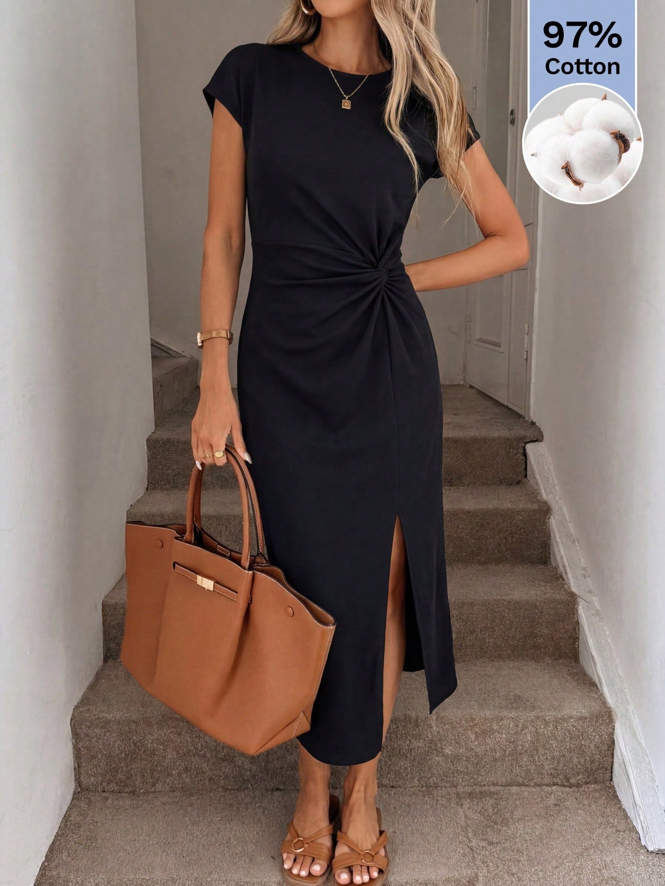 LUNE Women's Black Summer Casual Minimalist Elegant Brunch Day Time Office Midi Dress,97 Cotton Crew Neck Short Sleeve Twist Knot Side Slit Solid Color