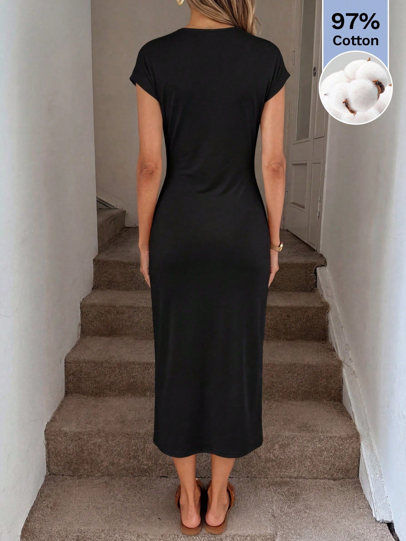LUNE Women's Black Summer Casual Minimalist Elegant Brunch Day Time Office Midi Dress,97 Cotton Crew Neck Short Sleeve Twist Knot Side Slit Solid Color