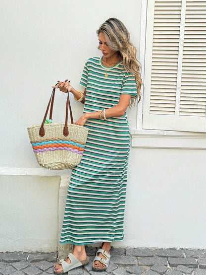 LUNE Women's Casual Green Striped Belt Decor Dress,Short Sleeve Mid-Length Mint Green Summer Outfits,Basic Fashion Vacation Holiday Beach Outfits Holiday