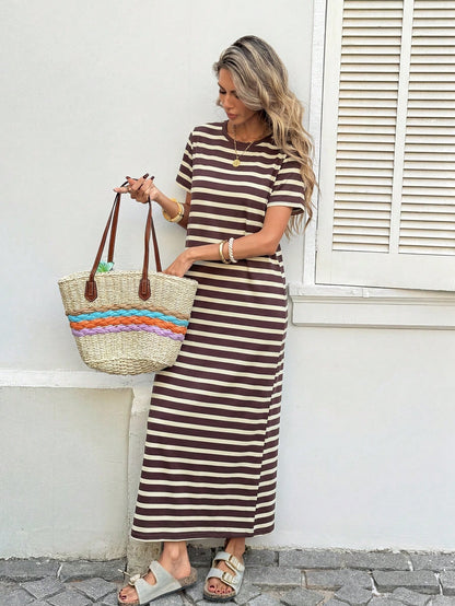 LUNE Women's Casual Green Striped Belt Decor Dress,Short Sleeve Mid-Length Mint Green Summer Outfits,Basic Fashion Vacation Holiday Beach Outfits Holiday