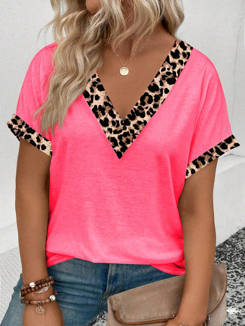 LUNE Women's Spring/Summer Casual V-Neck Short Sleeve Turnup Cuff, Curved Hem Leopard Print Plus Size T-Shirt
