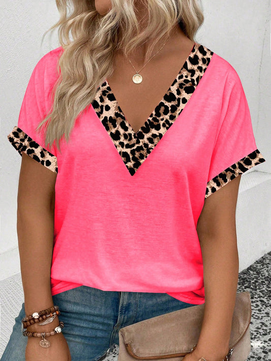 LUNE Women's Spring/Summer Casual V-Neck Short Sleeve Turnup Cuff, Curved Hem Leopard Print Plus Size T-Shirt